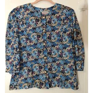 Vintage California Looks Blue Purple Beige Pearl Gold Button Blouse Size 12p‎